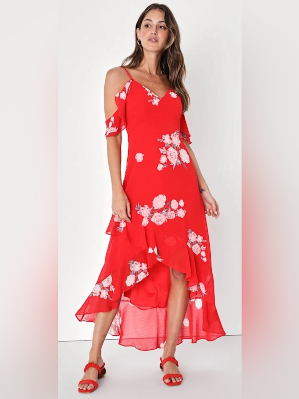 Lulus Vibrant Red Floral Maxi Dress (Size Small) - Picture 1 of 8